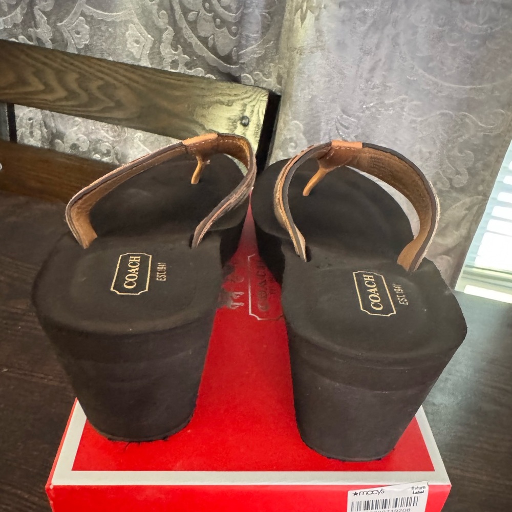 Coach Black Platform Wedge Flip Sandals with Tan Signature Straps - Picture 10 of 10